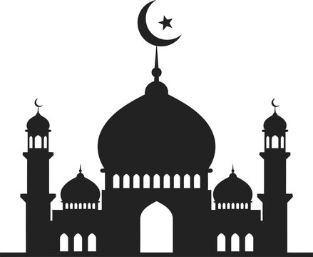 Islamic mosque silhouette with crescent moon and star on dome traditional architecture illustration representing ramadan kareem celebration and religious building design for muslim holiday graphics