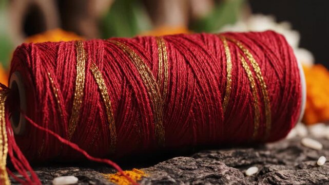Festive red thread spool with gold accents on wooden surface showcasing traditional decoration. This red thread spool highlights cultural significance in celebrations,