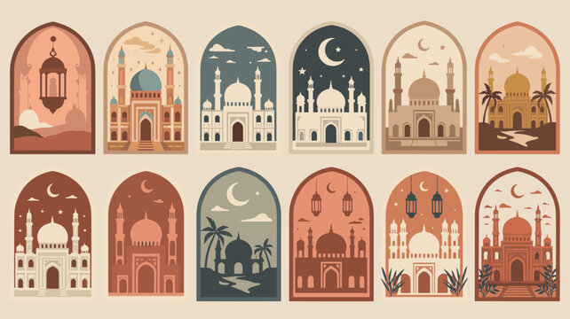 Set of minimalist islamic architecture illustrations featuring mosque silhouettes with crescent moons and lanterns