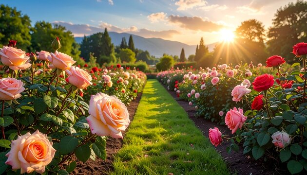 Rose garden bathed in golden sunlight, rows of flowers leading to distant mountains