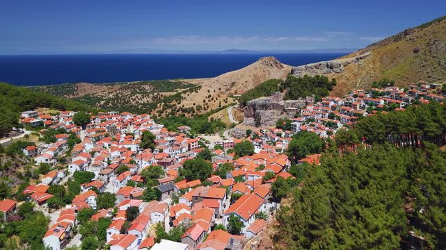 Aerial View of Chora Medieval Village on Samothraki Island Greece