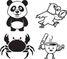 Black and white vector cartoon icons: cute panda, eagle playing football, crab, and coffee cup with baseball bat, isolated on white