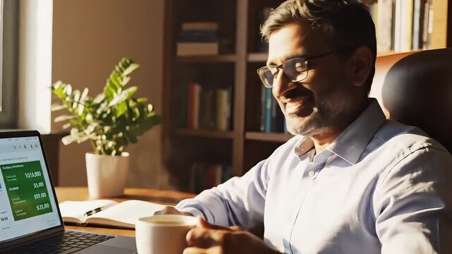Businessman analyzing quarterly data on laptop in modern office