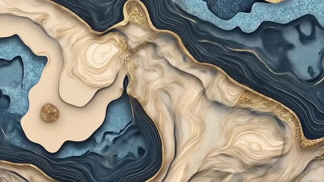 Abstract layered design. Features gold glitter, blue and beige textures, and intricate patterns