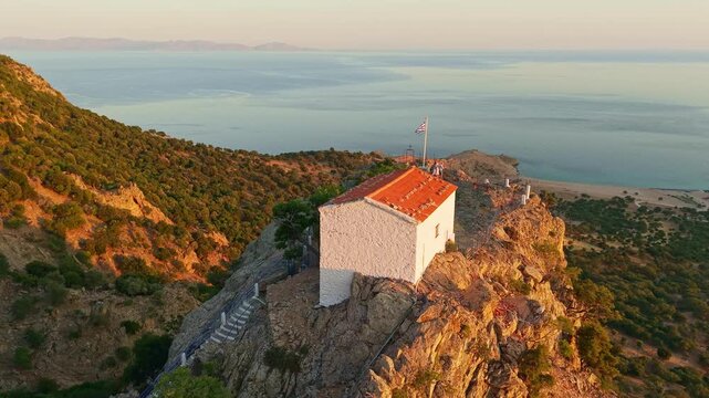 Panagia Krimniotissa Church at Sunset on Samothrace Island Greece