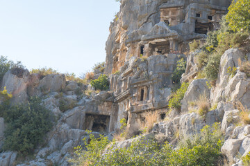 Fototapeta premium Ancient Lycian Rock-Cut Tombs Carved into the Cliffside in Demre