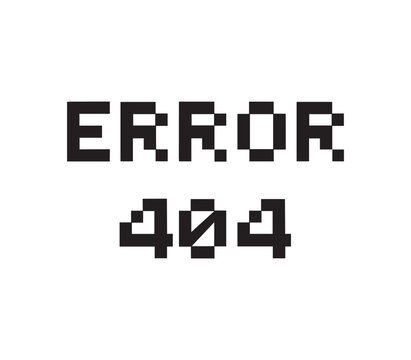 Error 404 message in retro pixel art font on white background