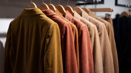 Obraz premium velvet blazers on hangers clothing rack in wardrobe