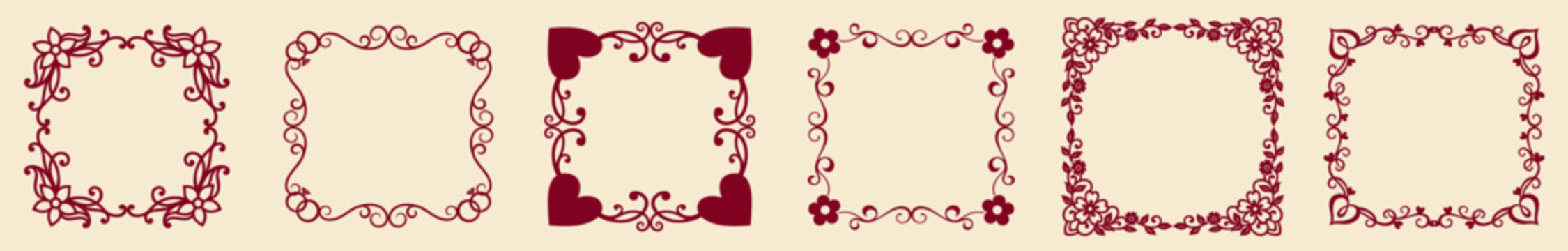 Square heart frame borders with romantic floral decorations, Valentine&rsquo;s Day decorative frames for love cards and invitations