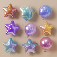 Colorful gradient balloon and star icon set for celebrations, parties, birthdays, modern apps, websites, posters, invitations, branding designs, graphics, assets