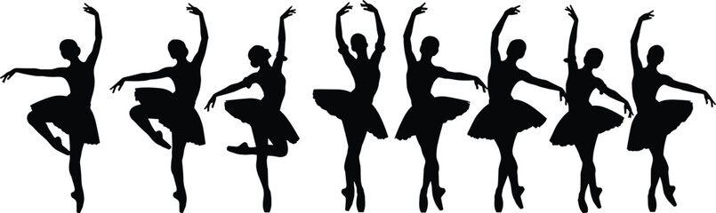 Black silhouette illustration of ballet dancers in classical poses with tutus and pointe shoes, elegant artistic design symbolizing dance, movement, performance, creativity, and discipline © MdAzmol