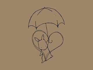 A charming minimalist line-art illustration of a small bunny holding an umbrella while standing inside a large, sketchy heart shape. Set against a warm tan background, this sweet and whimsical graphic