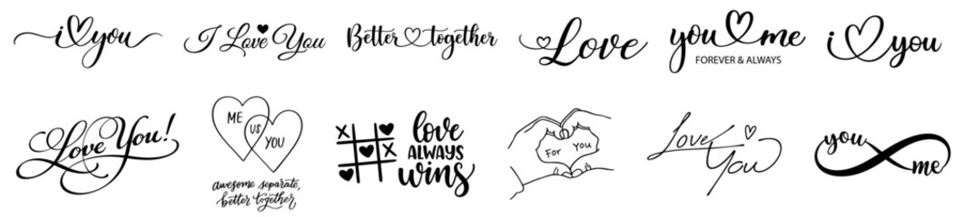 Set of hand drawn Valentine’s Day love quotes lettering I love you, Love you more, Be mine, XOXO, Happy Valentine, romantic handwritten typography collection for cards and wedding © Nadezhda