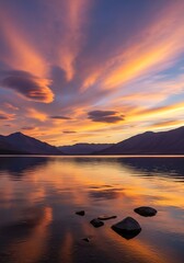 Dramatic sunset illuminates rippling water surface reflecting vibrant sky colors over distant mountain silhouettes