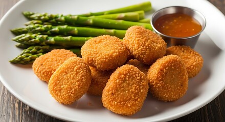 Crispy breaded food portions accompany fresh green asparagus spears with dipping sauce