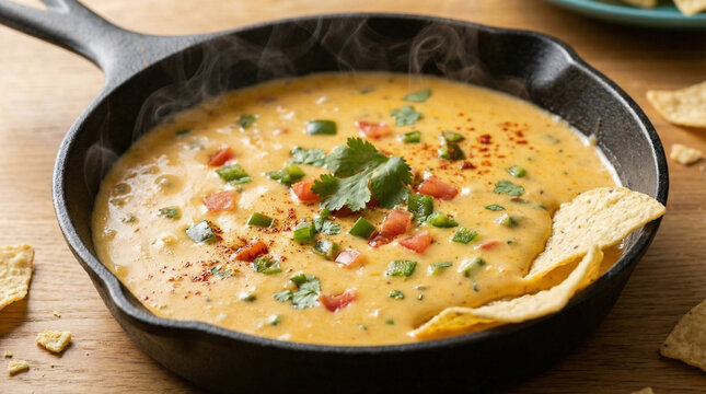 Creamy cheese dip with fresh toppings served in a cast iron skillet for Game Day Food  