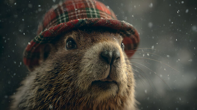Groundhog phil wearing a festive plaid hat during a snowfall, looking expectant while predicting winter weather for the traditional groundhog day celebration