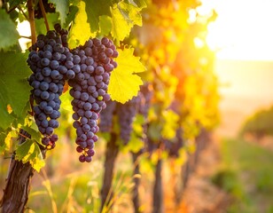 Fototapeta premium Rows of ripe, dark grapes hang heavy in the sunset, framed by bright green leaves against a warm, golden background