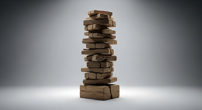 Stack of wooden blocks precariously balanced on top of each other.
