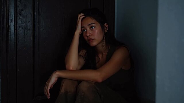 woman sitting in dim light with hand on head