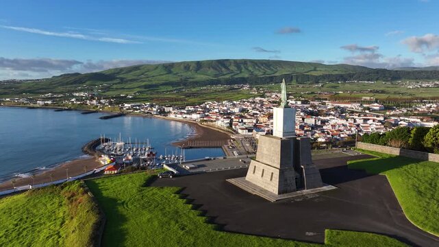 Sunrise drone at Serra do Facho viewpoint overlooking Praia da Vitoria, Terceira