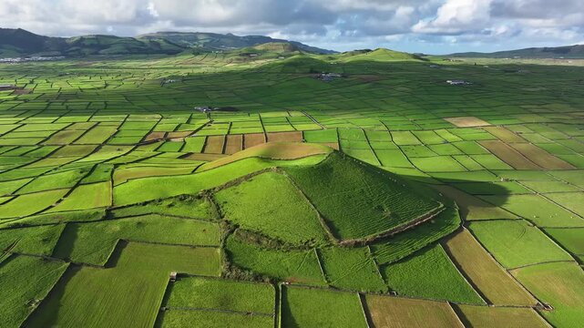 Verdant patchwork blanket landscape around Pico Dona Joana on Terceira. Aerial
