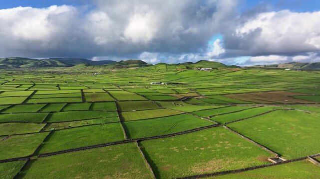 Abstract lush green patchwork quilt landscape of Serra do Cume, Terceira. Aerial