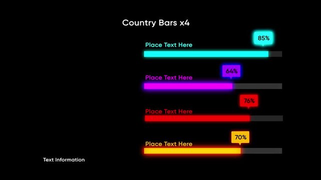 Neon progress bars with text placeholders and percentage indicators on a dark background glowing futuristic