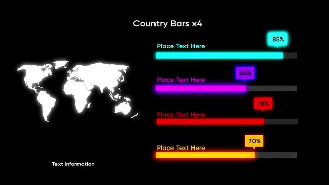World map infographic with glowing neon progress bars and text placeholders data visualization