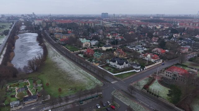 Drone Shot of Ribersborg Neighborhood of Malmo, Sweden, Million Dollar Homes in Winter Season