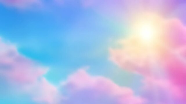 A dreamy, colorful sky scene with soft pastel hues, a bright sun, and fluffy clouds