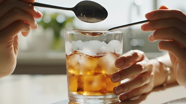 Close up footage shows pouring a cold drink into a glass.