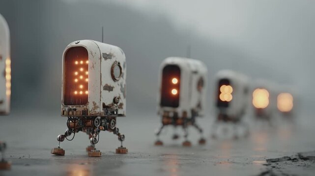Robotic Squad on a Misty March: A line of advanced robots strides purposefully through a mysterious, misty landscape, their glowing optics illuminating the unknown path ahead.
