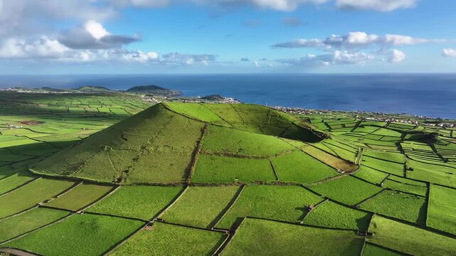 Scenic patchwork landscape surrounding Pico Dona Joana on Terceira. Aerial