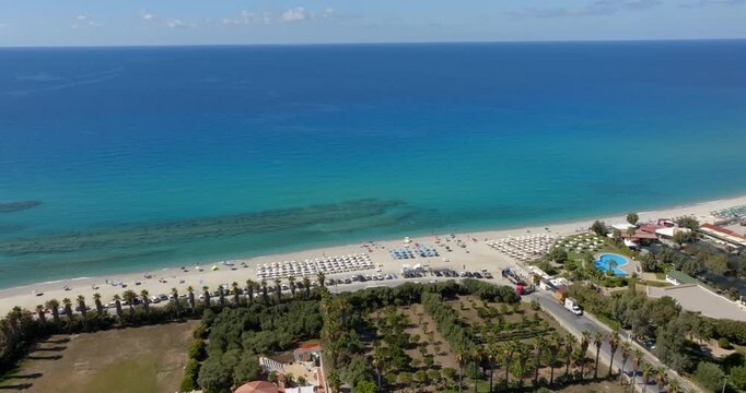 Aerial view of Zambrone Beach, located near Tropea, in province of Vibo Valentia, Calabria, southern Italy. This beautiful coastline overlooking the Tyrrhenian Sea is known as the Coast of the Gods.