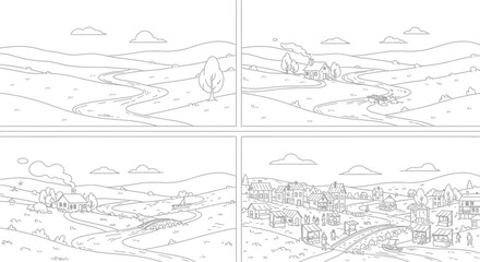 Obraz premium Village development stages from empty landscape to thriving community illustrated in four steps