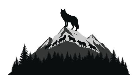 A majestic pack of wolves stands atop a mountain peak overlooking a forest landscape silhouette high quality professional detailed modern elegant stylish © GDSneha02