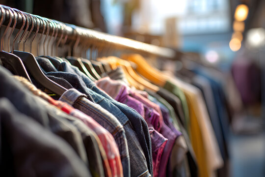 Assorted second hand clothing hanging on rack in store, various garments displayed closely together, blurred background showing additional racks with pre owned clothes visible