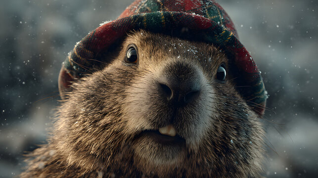 Groundhog phil wearing a festive plaid hat during a snowfall, looking expectant while predicting winter weather for the traditional groundhog day celebration