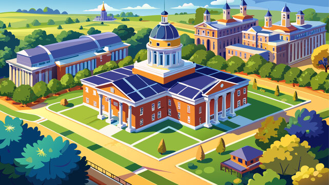 Very beautiful aerial view of Jesse Hall at the University of Missouri, highlighting its central dome, surrounding campus greenery, and prominent role as an academic landmark.
