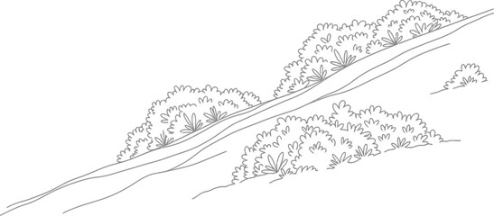 Simple black and white illustration of hills and trees on a plain background