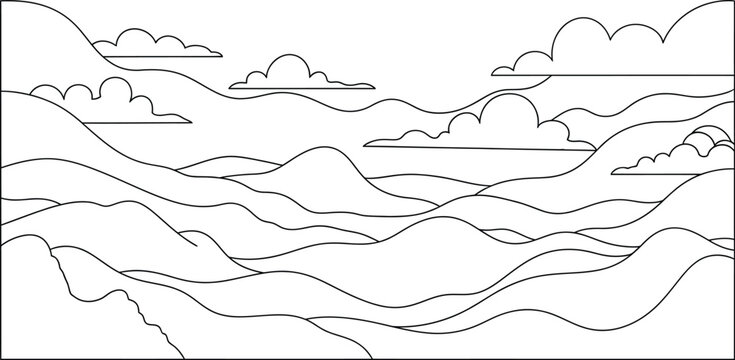 Simple black and white landscape illustration with rolling hills and clouds
