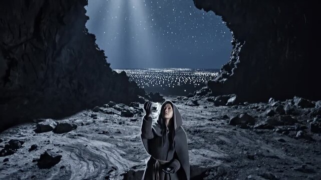 Mysterious Woman in a Hooded Cloak Gazing at the Night Sky.