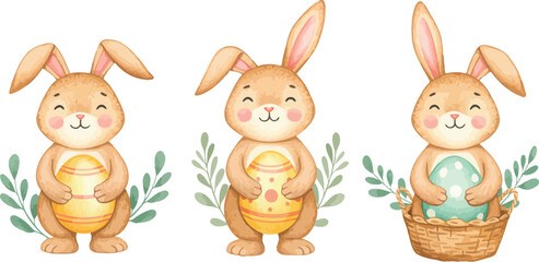 Obraz premium Three adorable bunnies with long ears standing in a row with plants and easter egg