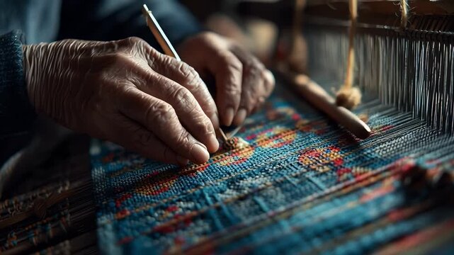Elderly Hand Weaving Textile Loom, Traditional Craft Artisan Creating Colorful Handmade Fabric, Closeup of Intricate Thread Pattern, Detailed Cultural Heritage, Creative Process, Authentic Ethnic