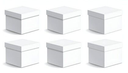 Fototapeta premium Six white, simple boxes with lids are arranged symmetrically against a plain white background