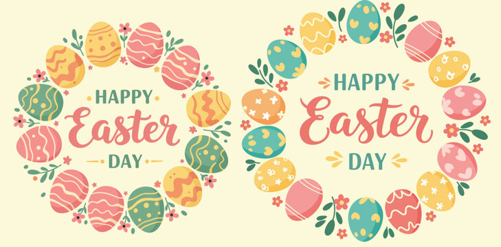 Happy easter greeting card with decorated eggs and foliage
