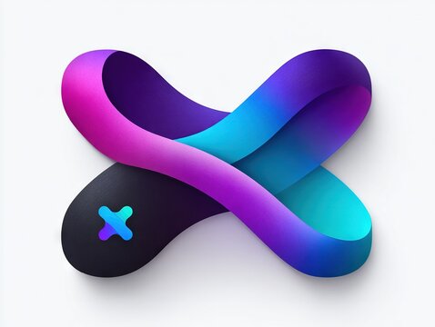 Glossy abstract crossed loop shape with vibrant purple blue gradient representing digital connectivity system integration and modern technology branding