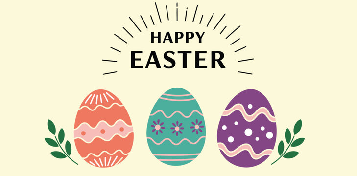 Happy easter greeting card with colorful decorated eggs and leaves