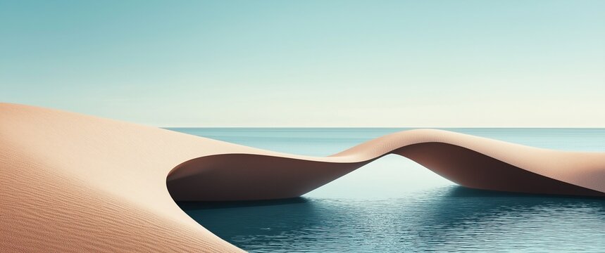 Minimalist surreal landscape with desert dunes, calm blue water, and abstract geometric fabric structure on one beautiful sea view on other